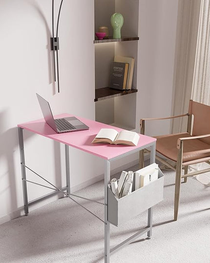 Pamray 32 Inch Computer Desk Small Spaces Desk with Storage Bag for Bedroom Writing and Home Office Work Small Study Desk Table Pink - LeafyLoom