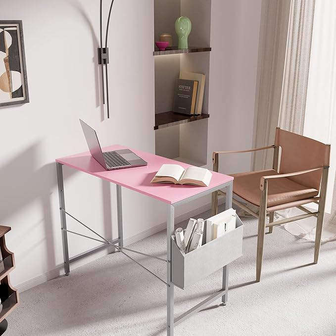 Pamray 32 Inch Computer Desk Small Spaces Desk with Storage Bag for Bedroom Writing and Home Office Work Small Study Desk Table Pink - LeafyLoom