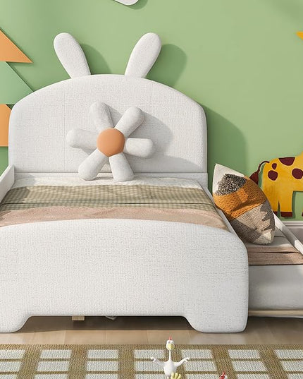 Twin Size Chenille Upholstered Platform Bed with Cartoon Ears Shaped Headboard and Twin-Size Trundle,Guardrail,Wood Bed-frame for Boys Girls,Bedroom Furniture for Children,White - LeafyLoom