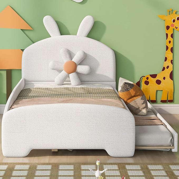 Twin Size Chenille Upholstered Platform Bed with Cartoon Ears Shaped Headboard and Twin-Size Trundle,Guardrail,Wood Bed-frame for Boys Girls,Bedroom Furniture for Children,White - LeafyLoom