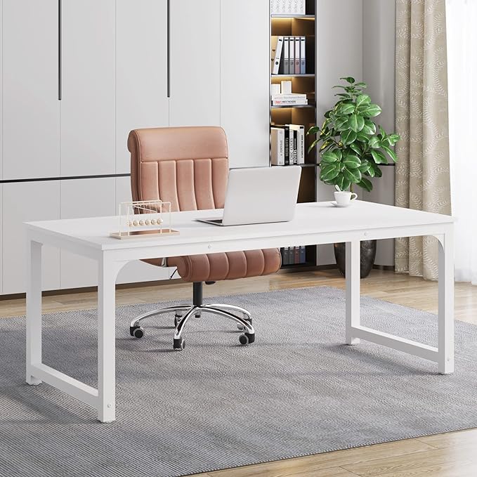 Tribesigns Modern Computer Desk, 63 x 31.5 inch Large Executive Office Desk Computer Table Study Writing Desk Workstation for Home Office, Spliced Desktop, White - LeafyLoom