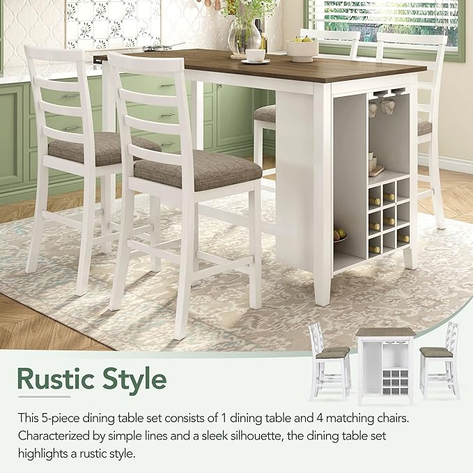 RITSU Minimalistic 5-Piece Multifunctional Rubber Wood Counter Height Dining Table Set with Upholstered Chairs, Side Storage and Wine Glass Holder for Kitchen, Living Room，Brown & White Wash, 59.6inch - LeafyLoom