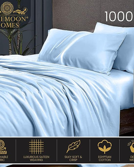 Egyptian Cotton Sheets Luxury 1000 Thread Count, Soft 100% Cotton Sheets for King Size Bed, 5-Star Hotel Quality, 4 Pc Sky Blue King Bed Sheets Set with Elasticized Deep Pocket King Sheets - LeafyLoom