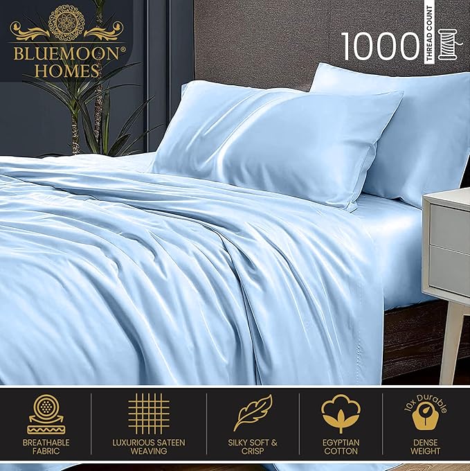 Egyptian Cotton Sheets Luxury 1000 Thread Count, Soft 100% Cotton Sheets for King Size Bed, 5-Star Hotel Quality, 4 Pc Sky Blue King Bed Sheets Set with Elasticized Deep Pocket King Sheets - LeafyLoom