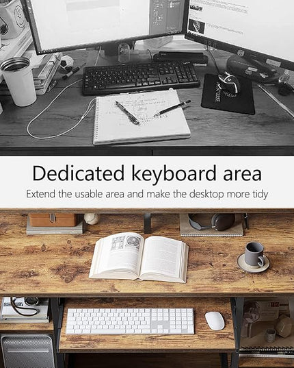 BANTI 47 Inch Computer Desk with Storage Shelves Monitor Stand Keyboard Tray, Home Office Desk, Study Writing Table, Rustic Brown - LeafyLoom