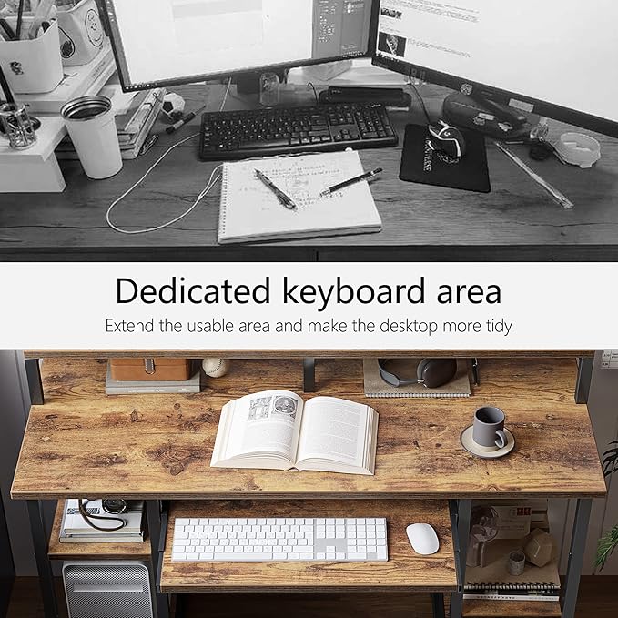 BANTI 47 Inch Computer Desk with Storage Shelves Monitor Stand Keyboard Tray, Home Office Desk, Study Writing Table, Rustic Brown - LeafyLoom