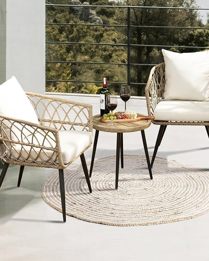 Heavy Duty 500lbs Weight Capacity Bistro Table and Chairs Set of 2 with Olefin Fabric Soft Cushions, Metal Wicker Armchairs Design - LeafyLoom