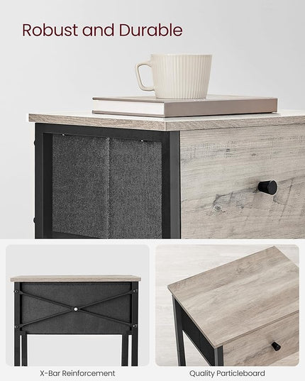 VASAGLE Nightstands, Set of 2, Side Table with Fabric Drawer, 24-Inch Tall End Table with Storage Shelf, Bedroom, Greige and Black ULGS221B02 - LeafyLoom