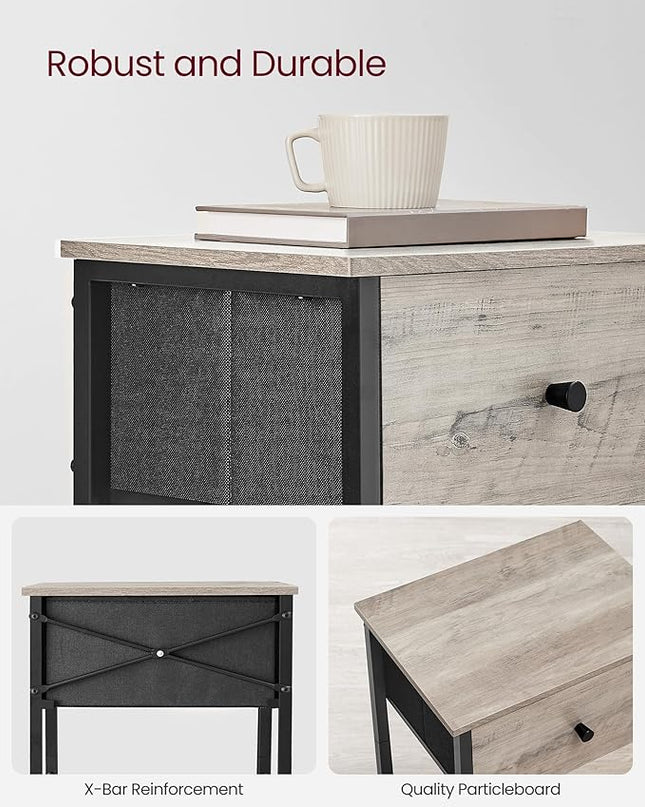 VASAGLE Nightstands, Set of 2, Side Table with Fabric Drawer, 24-Inch Tall End Table with Storage Shelf, Bedroom, Greige and Black ULGS221B02 - LeafyLoom