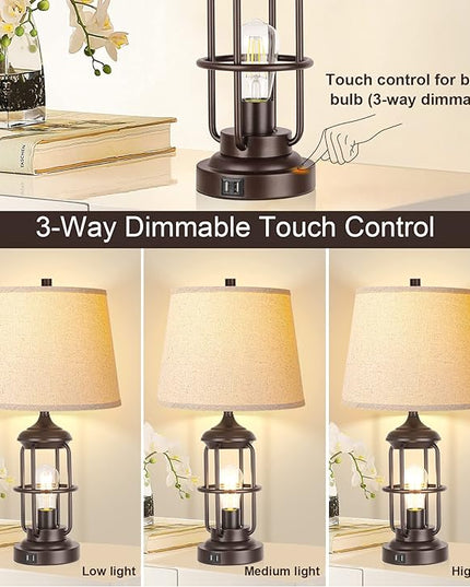 QiMH Table Lamp for Living Room with USB Ports, Touch Control 3-Way Dimmable Bedside Lamp with LED Night Light, Farmhouse Rustic Nightstand Lamp Bedroom Decor(2700K Bulbs Included) - LeafyLoom