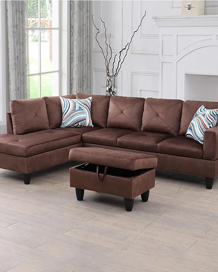L-Shaped Sectional Couches with 66.5'' Chaise Lounge & Storage Ottoman Modular Room Sofas for Home Office Apartment, Large Living Furniture, 97'' Left Hand Facing, Brown Microfiber - LeafyLoom