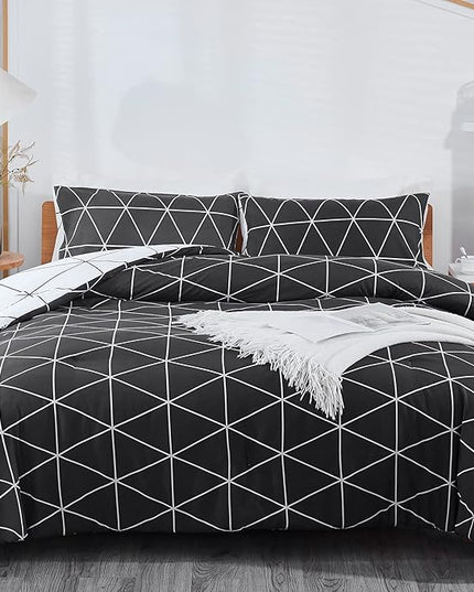 Black & White Comforter Bed in a Bag King for Kids Adults, 3Pcs Reversible Geometric Bedding Set with 2 Pillow Shams for All Seasons (King,104x90inches) - LeafyLoom