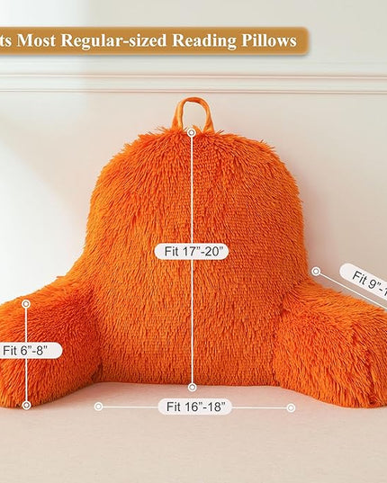 XeGe Fluffy Back Support Pillow Cover for Bed (No Filler), Faux Fur Back Rest Pillow Case for Sitting in Bed, Furry Reading Pillow Cover with Arms Adults Kids, Fuzzy Sit Up Pillow Floor Chair, Orange - LeafyLoom