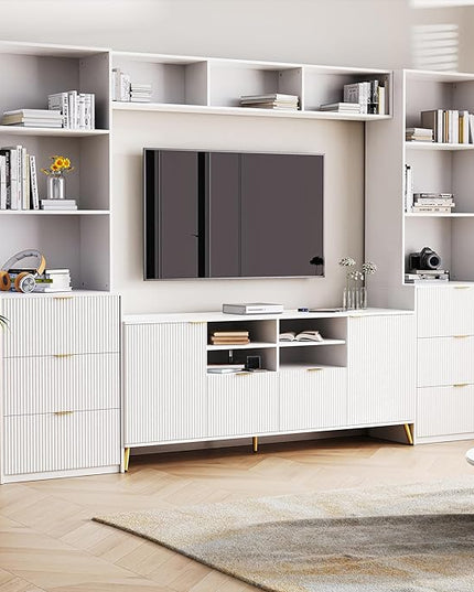 Entertainment Wall Unit with Bridge, TV Stand Media Console Table with 13 Shelves,8 Drawers and 2 Cabinets for Living Room, 112.5 Inch, White - LeafyLoom