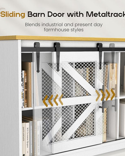 Rustic Corner Desk with Storage, L Shaped Farmhouse Office Desk with Sufficient Storage Capacity, Built-in Power Socket and Barn Door Design - LeafyLoom