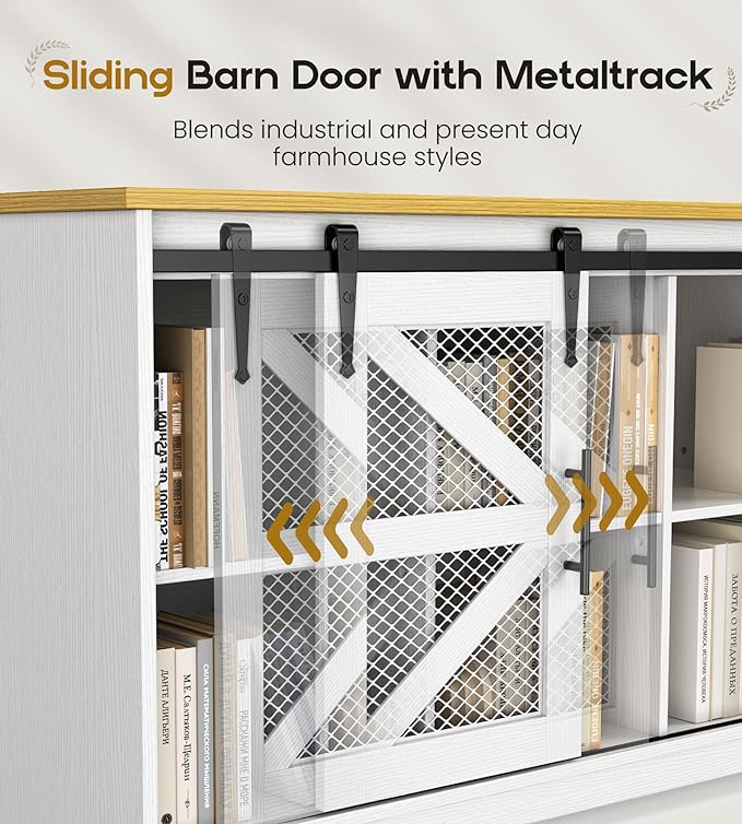 Rustic Corner Desk with Storage, L Shaped Farmhouse Office Desk with Sufficient Storage Capacity, Built-in Power Socket and Barn Door Design - LeafyLoom