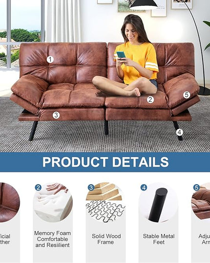MUUEGM Futon Couch Bed Sleeper Convertible Modern Memory Foam Love seat,Faux Leather Foldable Daybed for Living Room Office Apartment,Adjustable Armrest&Backrest Sofas, Light Brown - LeafyLoom