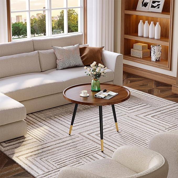 SAYGOER Round Coffee Table Small Modern Coffee Tables Rustic Farmhouse Center Table for Living Room Home Office Mid Century Accent Sofa Table Easy Assembly, Dark Brown - LeafyLoom