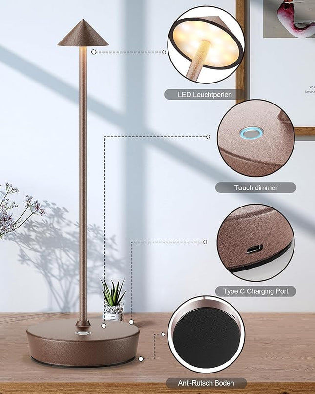 Cordless Table Lamps Rechargeable, 6000mAh Battery Operated LED Desk Lamp Outdoor Waterproof Portable Touch Dimmable Table Night Light for Patio Restaurant Dining Home Set of 2 Rust - LeafyLoom