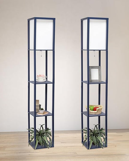 Simple Designs LF1014-NAV-2PK Three Shelf Etagere Organizer Storage Floor Lamp 2 Pack Set with White Linen Shade for Living Room, Bedroom, Office, Hallway, Navy Blue - LeafyLoom