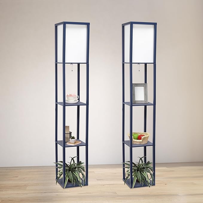 Simple Designs LF1014-NAV Etagere Organizer Storage Shelf Linen Shade Floor Lamp, Navy - LeafyLoom