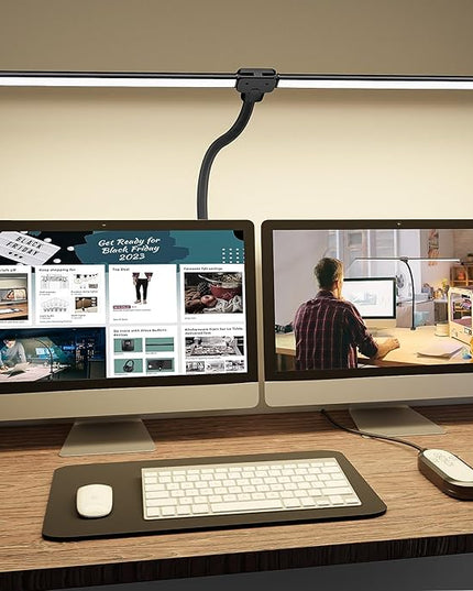 ShineTech LED Desk Lamp for Home Office, 3000K Warm White Double Head Architect Task Lamps with Clamp, Dimmable Adjustable Flexible Gooseneck, Black - LeafyLoom