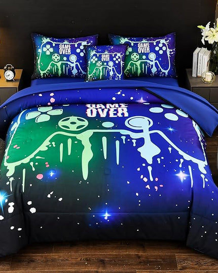 DORCAS Gamer Comforter Set with Sheets for Boys,Twin Size Gamer Bedding Set Boys,6 Pieces Graffiti Green Gaming Comforter Set for Boys Kids Teens(Green&Blue, Twin) - LeafyLoom