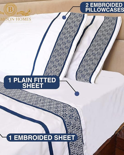 100% Egyptian Cotton Sheets Queen Size - 1000 Thread Count Sheets Queen Size Bed Sheet Set, Long Staple Bedding Sheets, Sateen Weave, Fits Upto 18" Mattress - Navy Blue Embroidered White Sheets - LeafyLoom