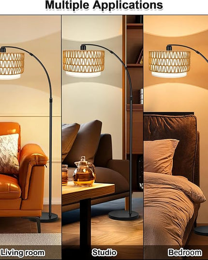 Arc Floor Lamp for Living Room with 3 Color Temperatures, Farmhouse Standing Lamps with Remote & Dimmable Bulb, Rattan Boho Floor Lamp with Fabric Shades, Adjustable Tall Lamp for Bedroom Office - LeafyLoom