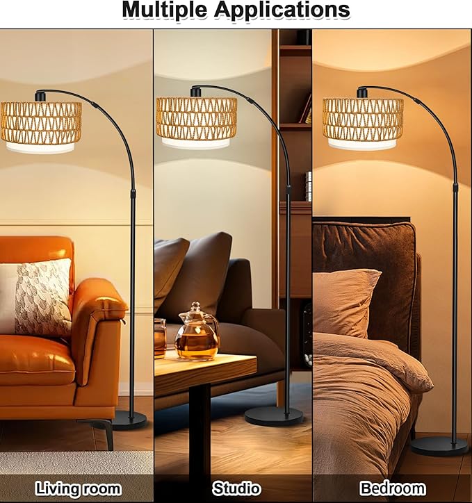 Arc Floor Lamp for Living Room with 3 Color Temperatures, Farmhouse Standing Lamps with Remote & Dimmable Bulb, Rattan Boho Floor Lamp with Fabric Shades, Adjustable Tall Lamp for Bedroom Office - LeafyLoom