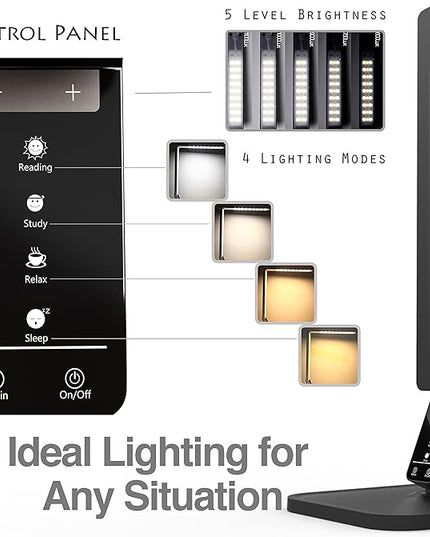 Dimmable LED Desk Lamp, 4 Lighting Modes (Reading/Studying/Relaxation/Bedtime), 5-Level Dimmer, Touch-Sensitive Control Panel, 1-Hour Auto Timer, 5V/1A USB Charging Port, Piano Black - LeafyLoom