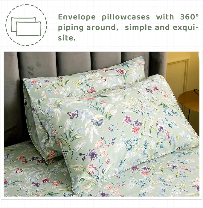 QSH 100% Egyptian Cotton Cal King Sheets, Green Flower Bird Butterfly Pattern Luxury Cotton Printed Flower California King Bedding Sheets, 4pcs Deep Pocket California King Floral Bed Sheet Set - LeafyLoom