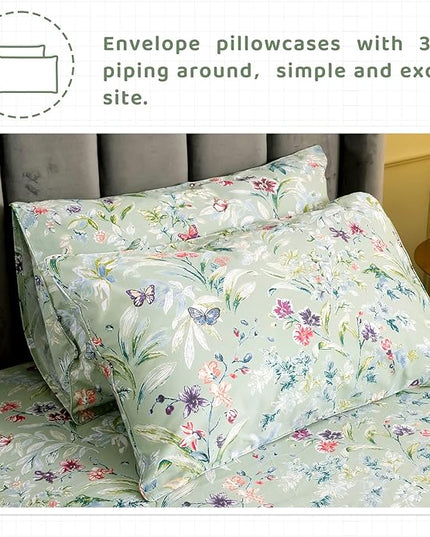 QSH Floral Full Size Sheet Sets - Green Flower Bird Butterfly Print Botanical Bedding Egyptian Cotton Printed Sheets Full Size Bed Extra Soft and Breathable 4pcs Deep Pockets Bed Sheets - LeafyLoom