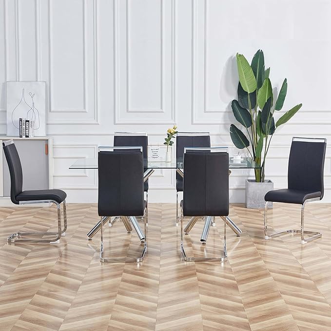 Dining Chairs Set, Kitchen Modern Metal Chairs with Faux Leather Padded Seat High Back and Sturdy Chrome Legs, Chairs for Dining Room (Black-1, Set of 4) - LeafyLoom