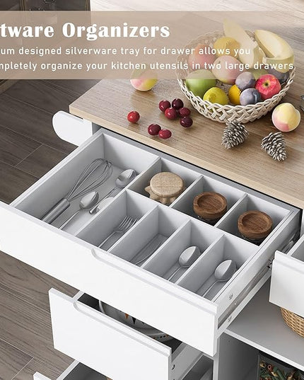 Kitchen Island on Lockable Wheels, Mobile Kitchens Cart with Rubber Wood Countertop, w/Drawer and Storage Cabinet for Dining Room, Bar - LeafyLoom