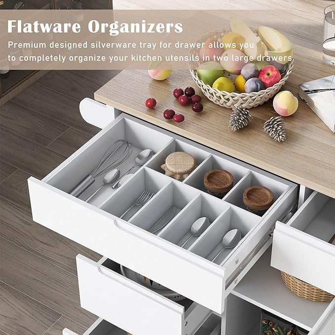 Kitchen Island on Lockable Wheels, Mobile Kitchens Cart with Rubber Wood Countertop, w/Drawer and Storage Cabinet for Dining Room, Bar - LeafyLoom