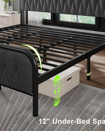 Feonase King Bed Frame with Type-C & USB Port, Metal Platform Beds, with Linen Upholstered Headboard & Footboard, 12" Underbed Storage Space, Easy Assembly, Noise-Free, Dark Gray - LeafyLoom
