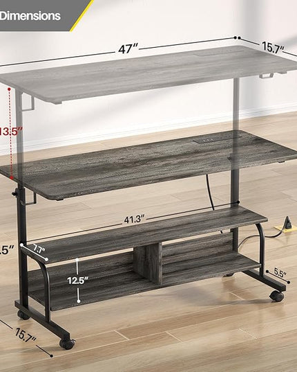 Height Adjustable Standing Desk with Power Outlets, 47" Manual Stand Up Desk with Storage Shelves Small Mobile Rolling Computer Desk Portable Laptop Table with Wheels for Home Office, Grey Oak - LeafyLoom