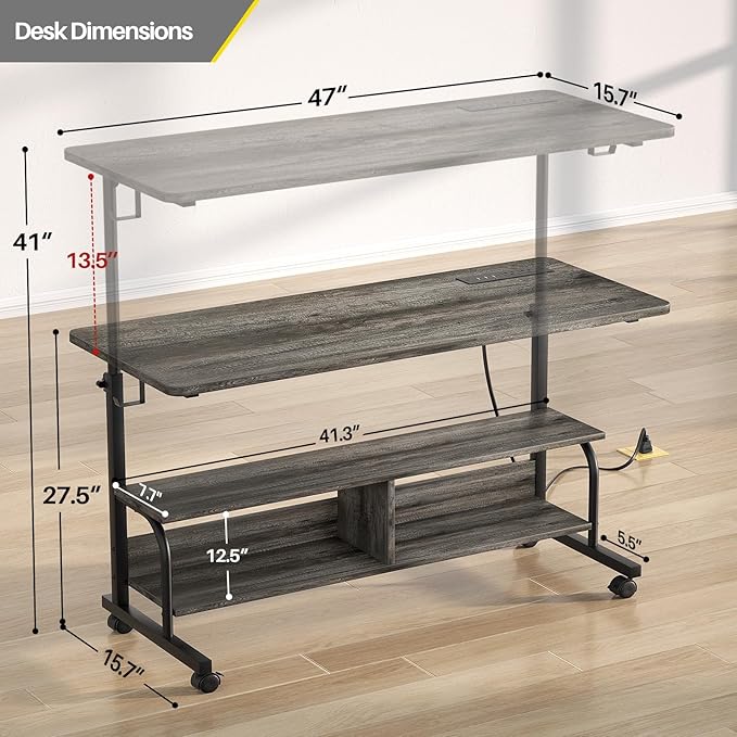 Height Adjustable Standing Desk with Power Outlets, 47" Manual Stand Up Desk with Storage Shelves Small Mobile Rolling Computer Desk Portable Laptop Table with Wheels for Home Office, Grey Oak - LeafyLoom