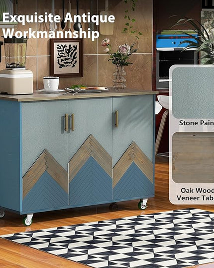 47" Wood Kitchen Island with Drop Leaf and Internal Storage Rack,Mobile & Stationary Cart w/Wheel,Towel-Rack,Adjustable Shelf,for Livingroom, Kitchen,Dining Room,Navy Blue - LeafyLoom