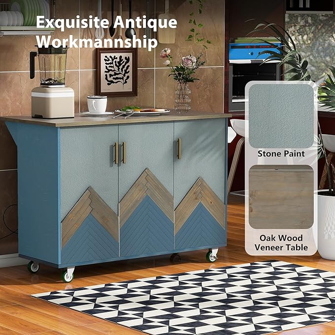 47" Wood Kitchen Island with Drop Leaf and Internal Storage Rack,Mobile & Stationary Cart w/Wheel,Towel-Rack,Adjustable Shelf,for Livingroom, Kitchen,Dining Room,Navy Blue - LeafyLoom