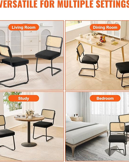 VEVOR Rattan Dining Chairs Set of 2, Mid Century Modern Dining Chair, Upholstered Velvet Accent Chair with Rattan Back, Retro Dining Room Kitchen Chair for Living Room, Bedroom, Office (18.1 Inch) - LeafyLoom