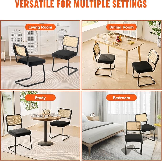 VEVOR Rattan Dining Chairs Set of 2, Mid Century Modern Dining Chair, Upholstered Velvet Accent Chair with Rattan Back, Retro Dining Room Kitchen Chair for Living Room, Bedroom, Office (18.1 Inch) - LeafyLoom