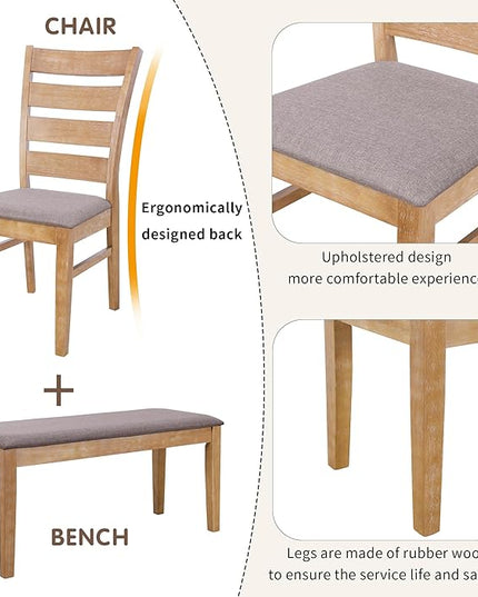 Retro 59" L Rectangular Unique Legs and 4 Upholstered Chairs & 1 Bench, Rubber, Easy Assembly, for Kitchen, Room, 6 Piece Dining Table Set, Natural Wood Wash 11 - LeafyLoom