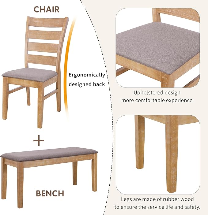 Retro 59" L Rectangular Unique Legs and 4 Upholstered Chairs & 1 Bench, Rubber, Easy Assembly, for Kitchen, Room, 6 Piece Dining Table Set, Natural Wood Wash 11 - LeafyLoom
