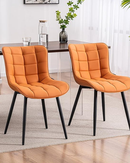 YOUTASTE Dining Chairs Set of 2, PU Leather Upholstered Modern Armless Dining Room Chair with Back Metal Legs, Kitchen Dinner Accent Guest Chairs for Vanity Reception Waiting Room,Orange Camel - LeafyLoom