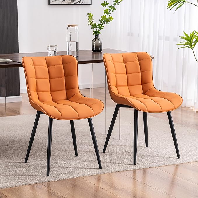 YOUTASTE Dining Chairs Set of 2, PU Leather Upholstered Modern Armless Dining Room Chair with Back Metal Legs, Kitchen Dinner Accent Guest Chairs for Vanity Reception Waiting Room,Orange Camel - LeafyLoom