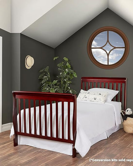 Aden 4-in-1 Convertible Mini Crib In Cherry, Greenguard Gold Certified, Non-Toxic Finish, New Zealand Pinewood, With 3 Mattress Height Settings - LeafyLoom