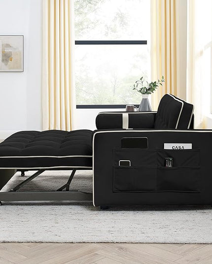 3 in 1 Tufted Sleeper Sofa Cylindrical Pillows,Modern Convertible Loveseat Sofá W Pull Out Sleep Couch Bed and Side Pockets,Velvet Upholstered Love Seat Sofabed for Living Room, 55.5", Black1 - LeafyLoom