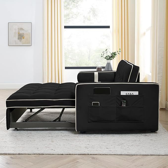 3 in 1 Tufted Sleeper Sofa Cylindrical Pillows,Modern Convertible Loveseat Sofá W Pull Out Sleep Couch Bed and Side Pockets,Velvet Upholstered Love Seat Sofabed for Living Room, 55.5", Black1 - LeafyLoom